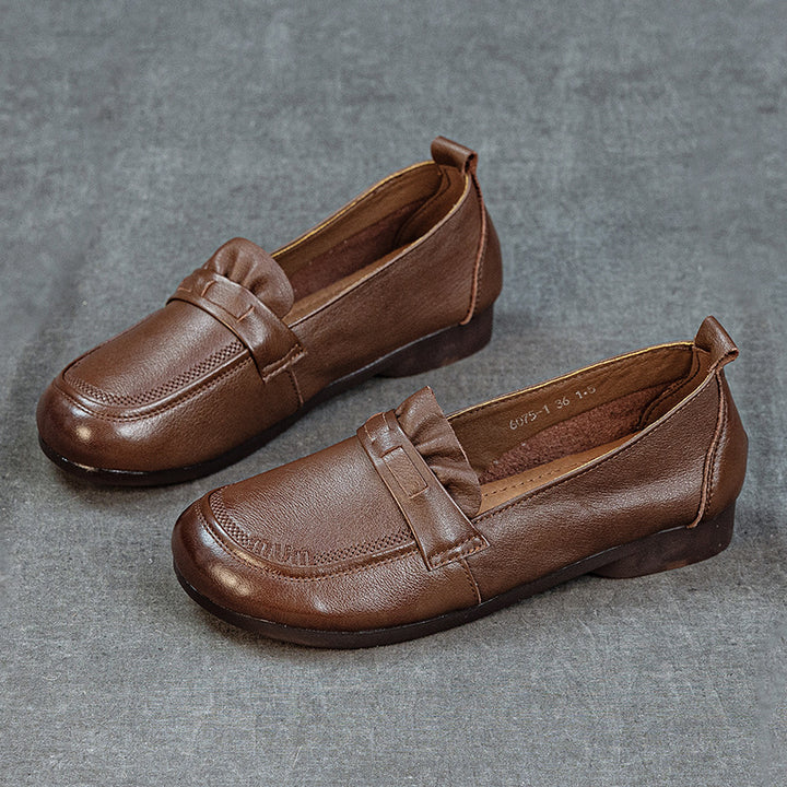 Women's Genuine Leather Penny Loafers Round Toe Slip On Flat Shoes Soft Sole