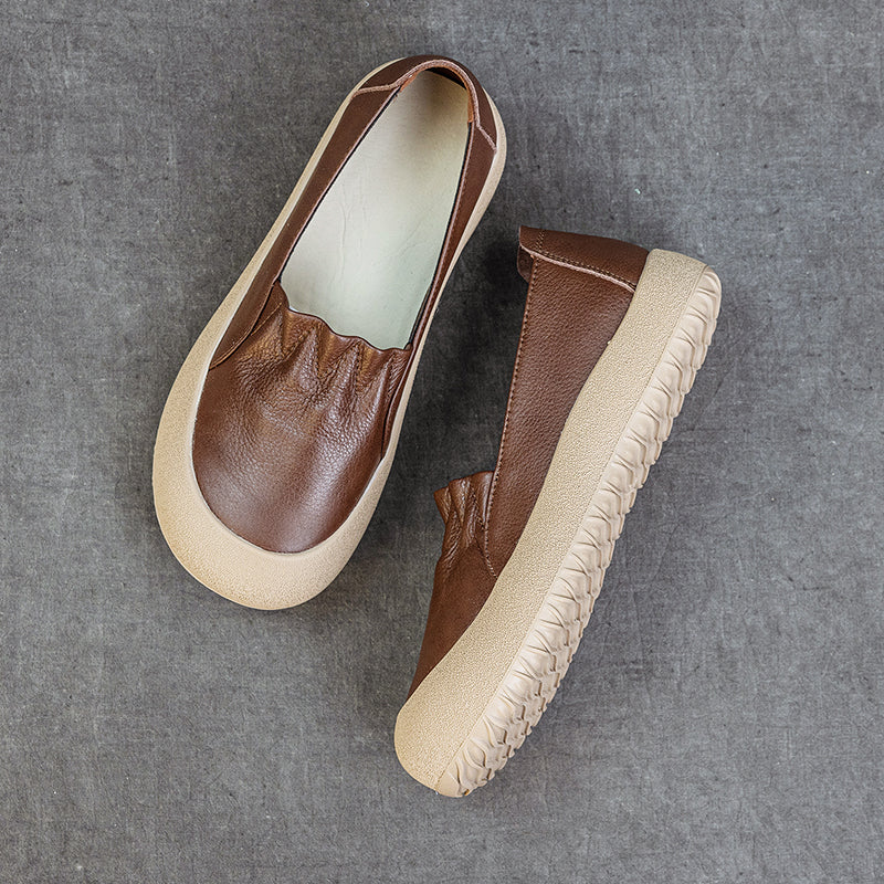 Womens Casual Leather Slip-on Loafers Closed Toe Platform Walking Shoes Anti-Collision
