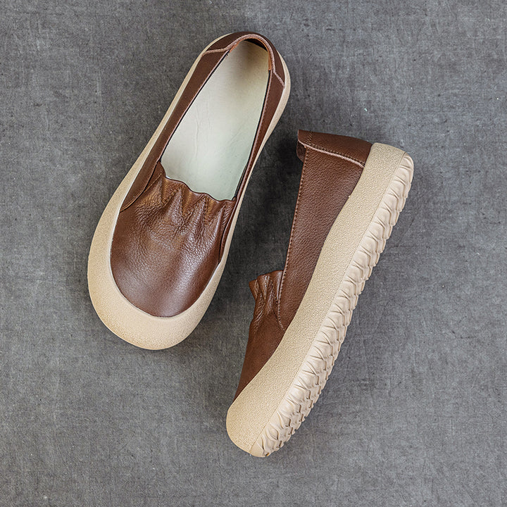 Womens Casual Leather Slip-on Loafers Closed Toe Platform Walking Shoes Anti-Collision