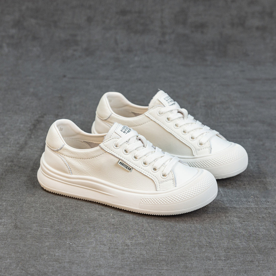 Women's Leather Low Top Sneakers Round Toe Lace Up Platform Canvas Style Shoes