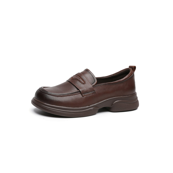 Women's Genuine Leather Penny Loafer Shoes Platform Slip On Round Toe Flats