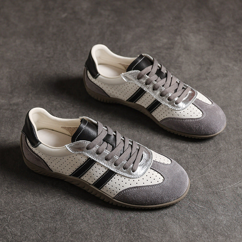 Women's Genuine Leather Retro Sneakers Patchwork Flat Lace Up Casual Walking Shoes