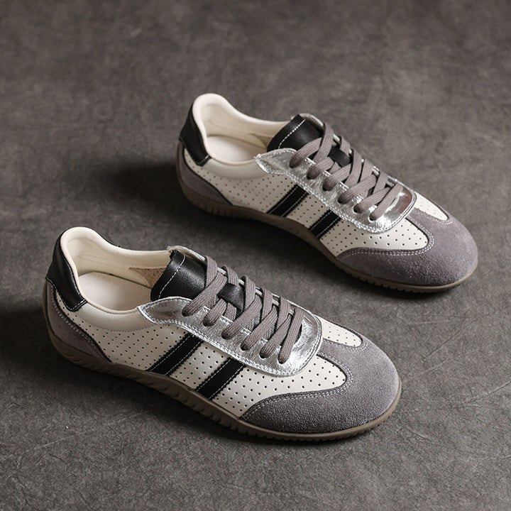 Women's Genuine Leather Retro Sneakers Patchwork Flat Lace Up Casual Walking Shoes