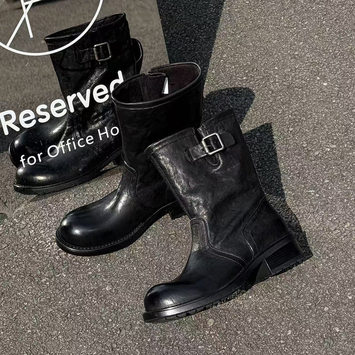 Women's Horsehide Mid Calf Engineer Boots Vintage Buckle Slip On Chunky Heel Booties