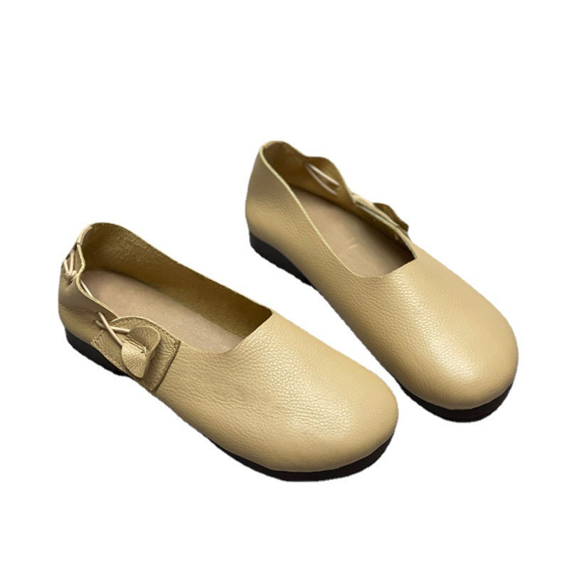 Women's Leather Ballet Flats - Vintage Bowknot Loafers, Slip-on Round Toe Comfort Shoes