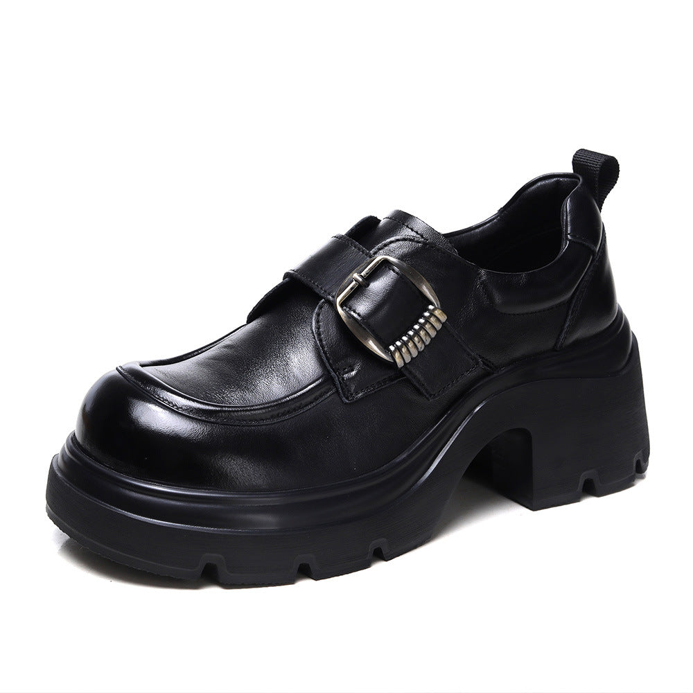Women's Chunky Platform Monk Strap Loafers Top-Grain Leather Slip On High Heel Dress Shoes