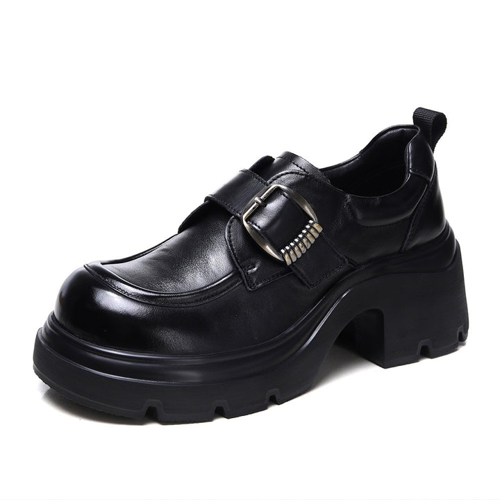 Women's Chunky Platform Monk Strap Loafers Top-Grain Leather Slip On High Heel Dress Shoes