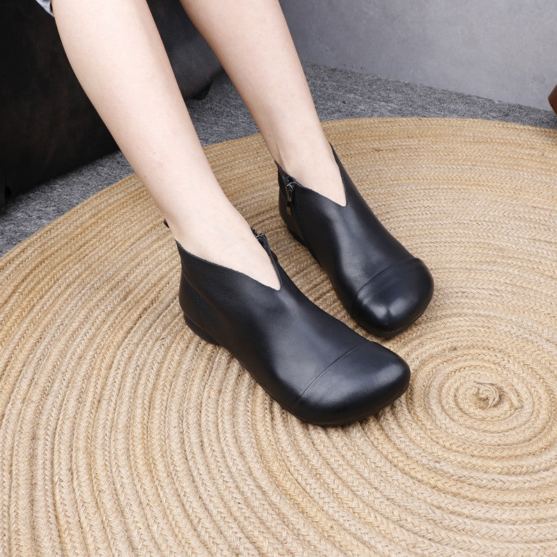 Women's Genuine Leather Ankle Boots Side Zipper V-Cut Flat Booties Casual Walking Shoes