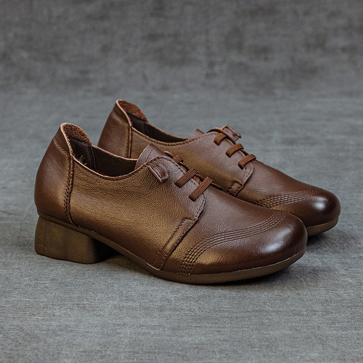 Women's Leather Low Block Heel Lace-Up Casual Shoes
