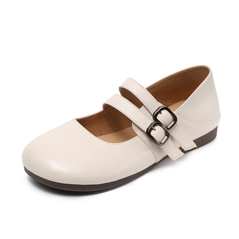 Rounded Toe Comfort Leather Flat Double Strap Mary Jane Women's Shoes