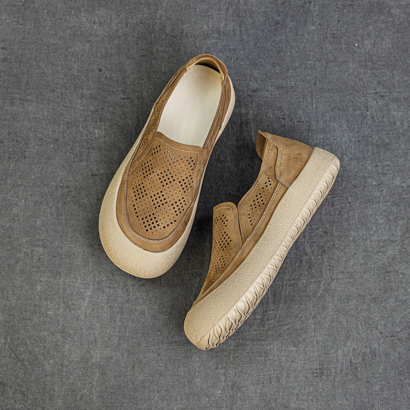 Womens Summer Perforated Leather Slip-on Loafers Breathable Platform Casual Walking Shoes