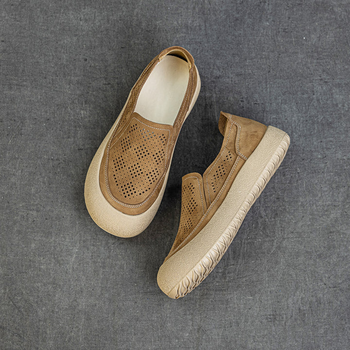 Womens Summer Perforated Leather Slip-on Loafers Breathable Platform Casual Walking Shoes