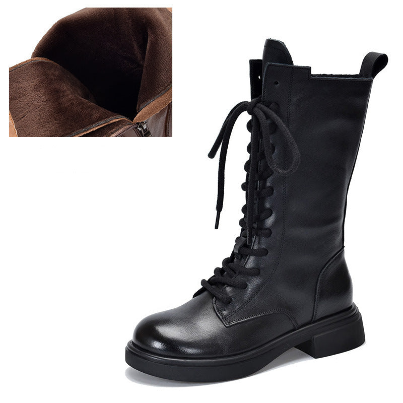 Women's Mid Calf Combat Boots Top-Grain Leather Lace Up Side Zipper Platform Booties