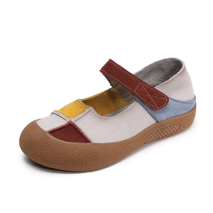 Women’s Leather Colour-Block Mary Jane Flats – Retro Soft Sole Shoes