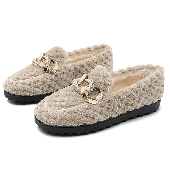 Women Metal Chain Winter Warm & Comfortable Plush Fur Loafers Shoes