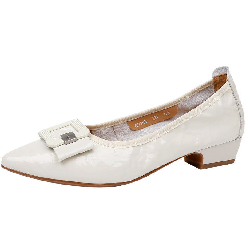 Women's Patent Sheepskin Pointed Toe Pumps Buckle Low Chunky Heel Slip On Shoes