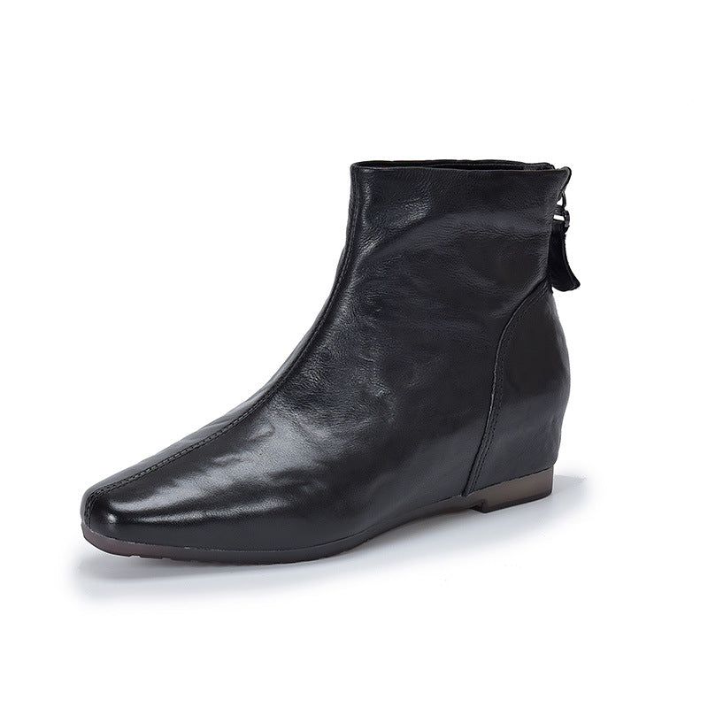 Women's Pointed Toe Top-Grain Leather Wedge Ankle Boots Mid Heel Back Zipper Booties