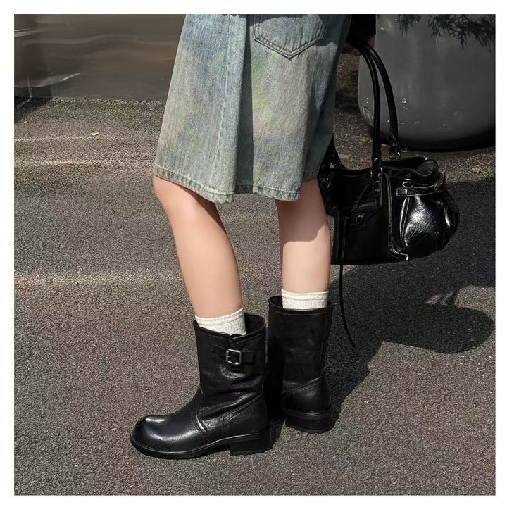Women's Horsehide Mid Calf Engineer Boots Vintage Buckle Slip On Chunky Heel Booties