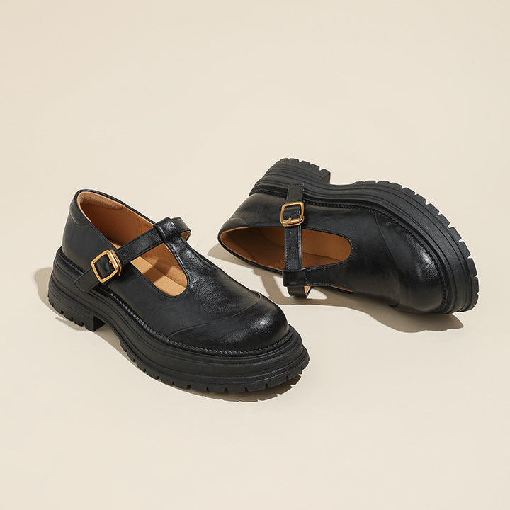 T-Buckle Platform Leather Comfortable Low Heel Women's Shoes