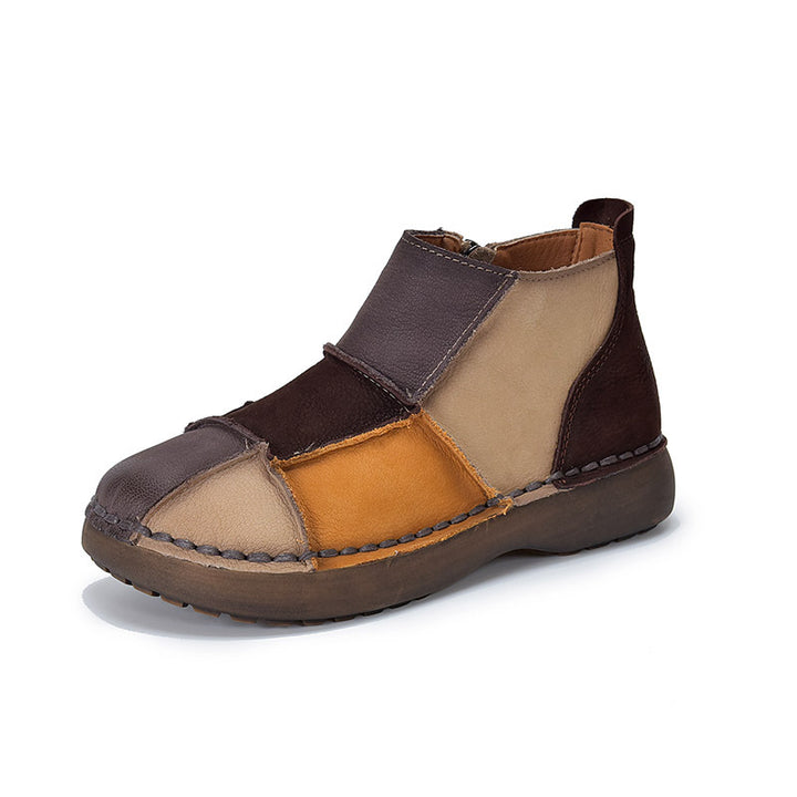 Women's Vintage Patchwork Leather Ankle Boots Hand-Stitched Flat Booties Zipper