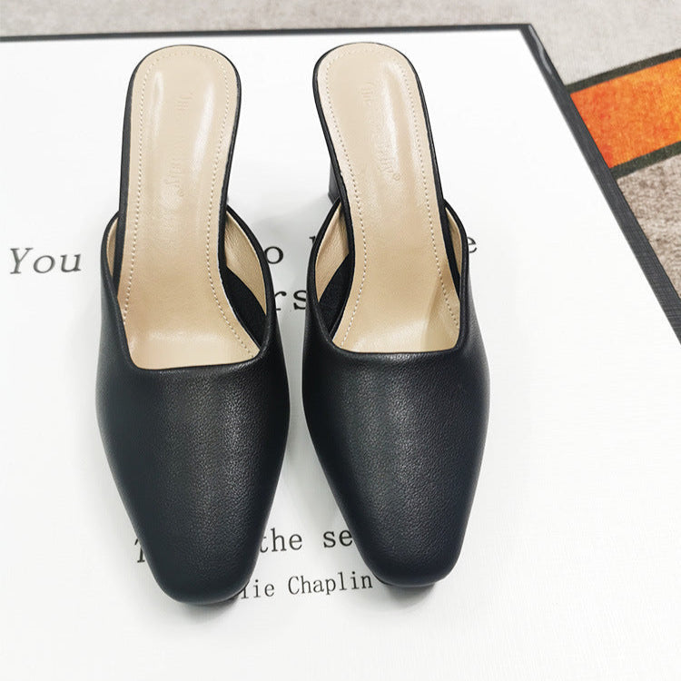 Women's Leather Square Toe High Heeled Mule Shoes