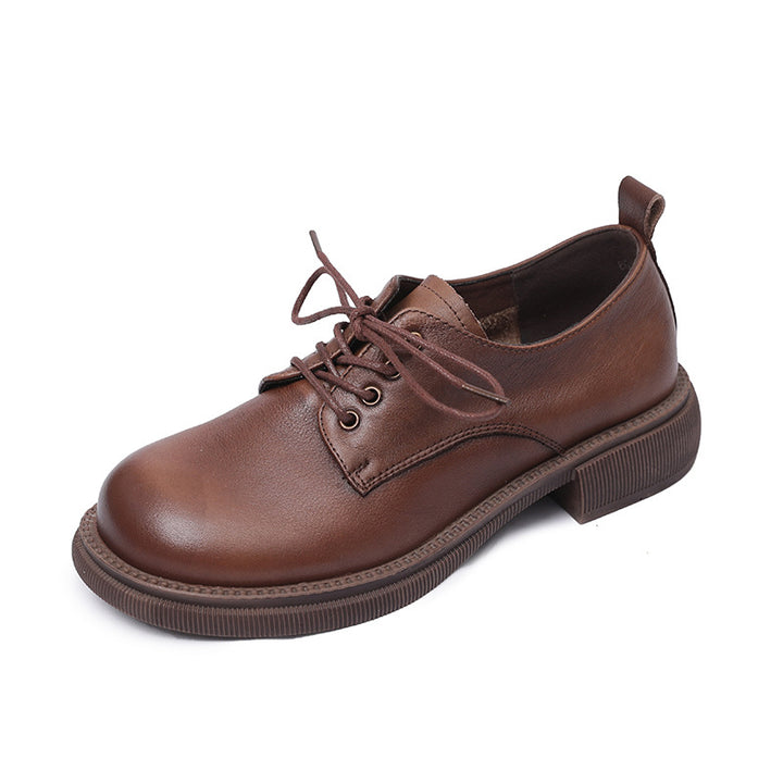 Women Flat Retro Genuine Leather Casual Loafers Lace-up Shoes