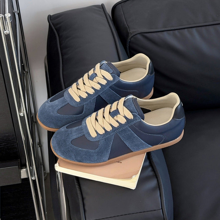 Women's Genuine Leather German Army Trainers Suede Patchwork Flat Sneakers Lace Up Casual Shoes