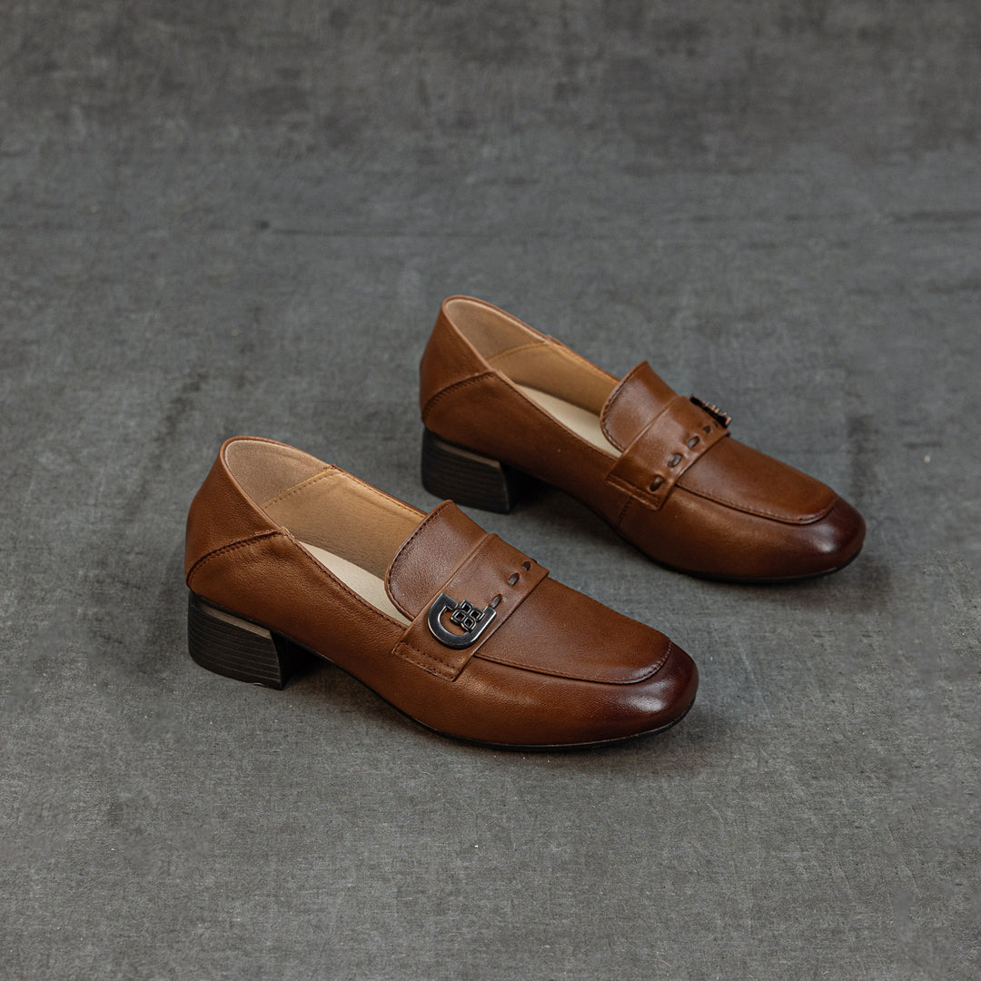 Women's Cowhide Leather Square Toe Pumps Vintage Mid Heel Loafers Microfiber Lining