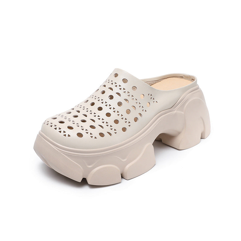 Women's Leather Platform Mules - Hollow Out Perforated Closed Round Toe Chunky Sandals Summer Slides