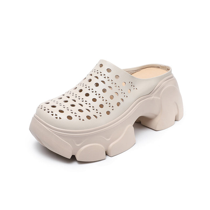 Women's Leather Platform Mules - Hollow Out Perforated Closed Round Toe Chunky Sandals Summer Slides