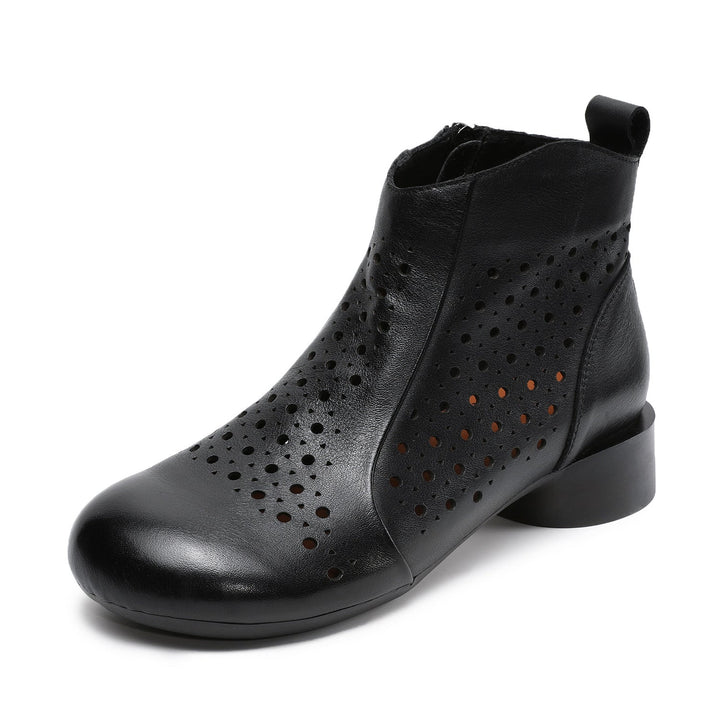 Women’s Summer Breathable Cut-Out Leather Boots – Retro Mid Heel Sandals