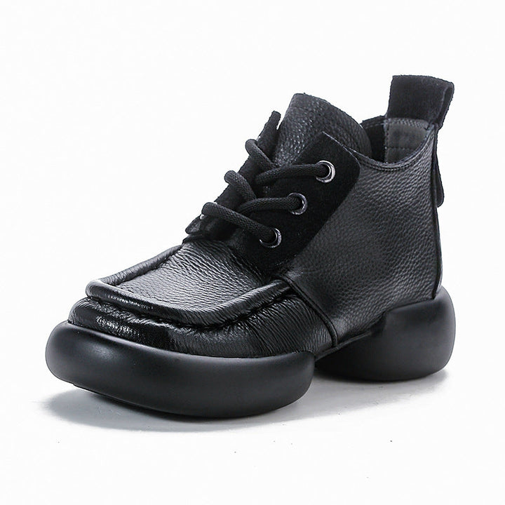 Women’s Soft Leather Lace-Up Ankle Boots – Thick Sole Casual Style