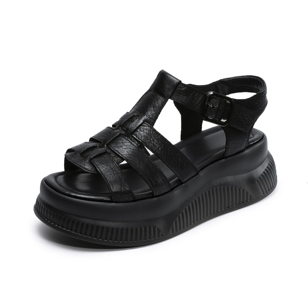 Women's Retro Leather Roman Sandals Vintage Round Toe Platform Chunky Platform Heels