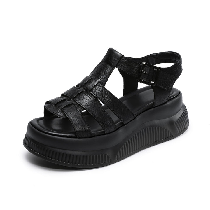 Women's Retro Leather Roman Sandals Vintage Round Toe Platform Chunky Platform Heels