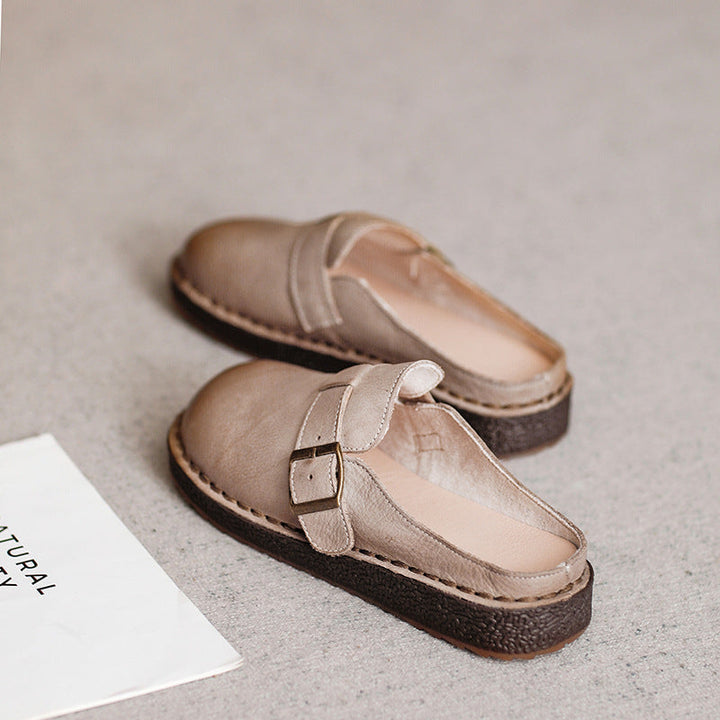 Wide Round Toe Leather Buckle With Decoration Flat Comfort Women's Mule Shoes
