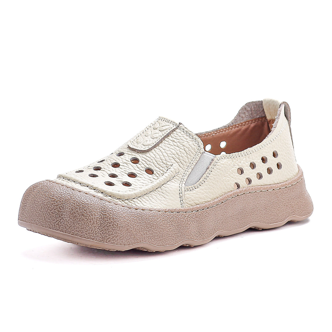 Women's Flats Vintage Hollow-Out Walking Shoes Leather Summer Loafers Retro Slip-On Platform Shoes