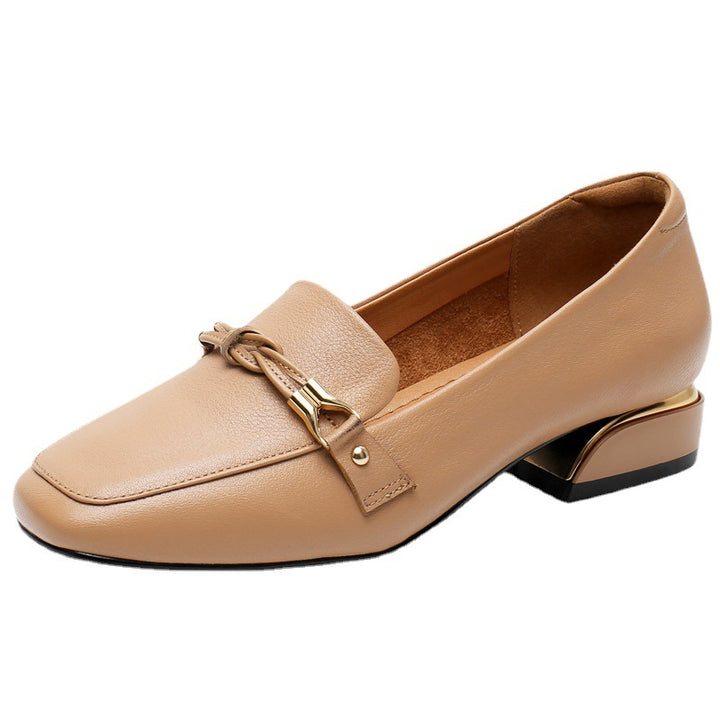 Women's Leather Loafers - Vintage Square Toe Dress Shoes, Comfort Block Heel Pumps