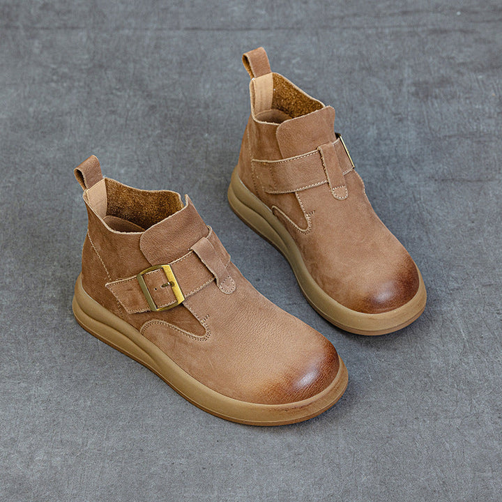 Women's Vintage Leather High-Top Ankle Boots – Buckle Strap Casual Style