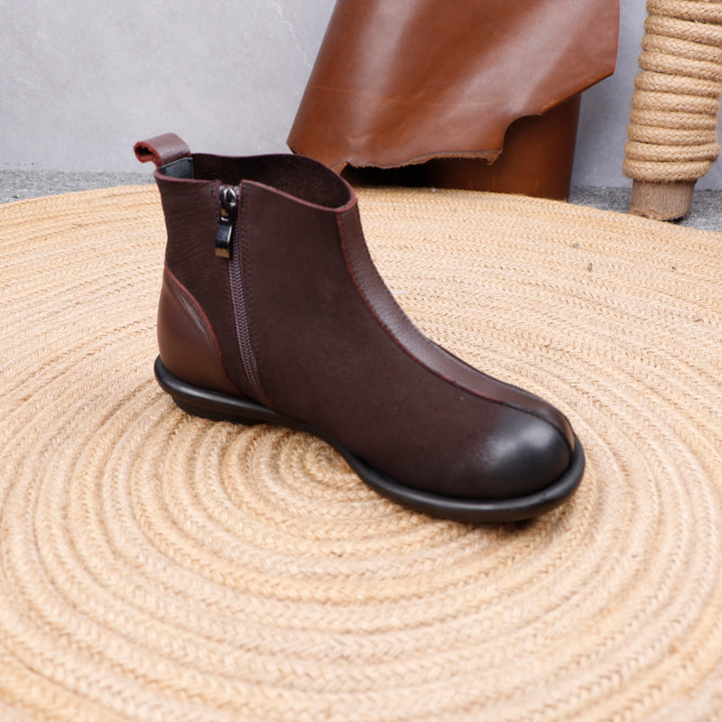 Women's Genuine Leather Ankle Boots Side Zipper Flat Short Booties Casual Walking Shoes