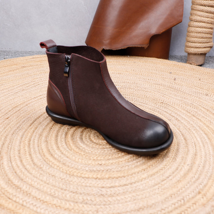 Women's Genuine Leather Ankle Boots Side Zipper Flat Short Booties Casual Walking Shoes