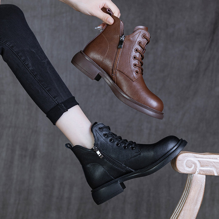 Women's Leather Ankle Boots - Vintage V-Cut Collar Lace-Up Side Zipper Booties Chunky Heel Comfort Shoes