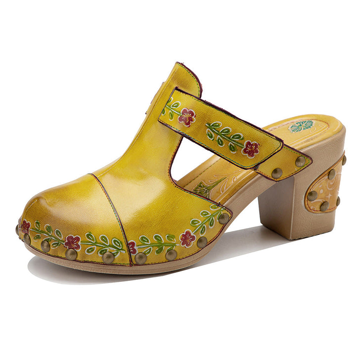 Boho Artisan Leather Mules for Women - Floral Printed Summer Sandals with Unique Studded Heel