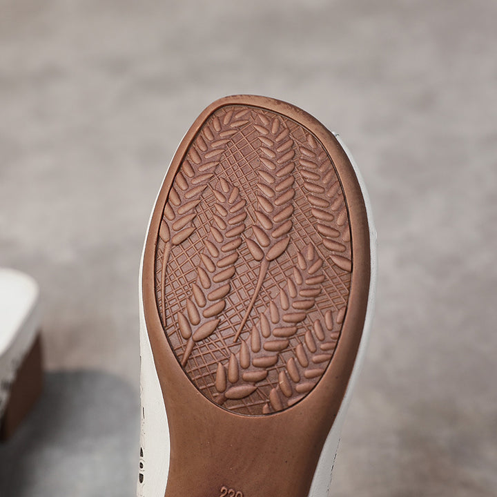 Women's Leather Mules - Hollow Out Floral Perforated Open Peep Toe Sandals Mid Block Chunky Heel Slides