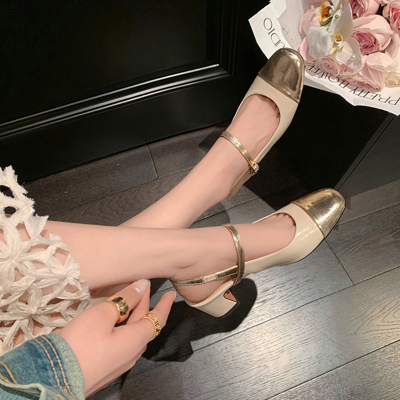 Women's Elegant French Patchwork Slip On Closed Toe Mid Heel Sandals