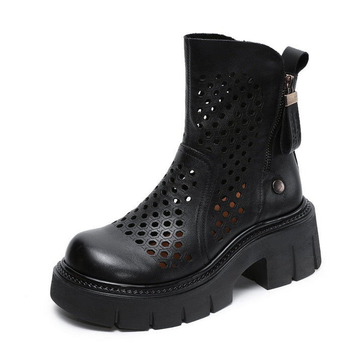 Women’s Retro Leather Cut-Out Ankle Boots – Summer Chunky Block Heel Zip Boots