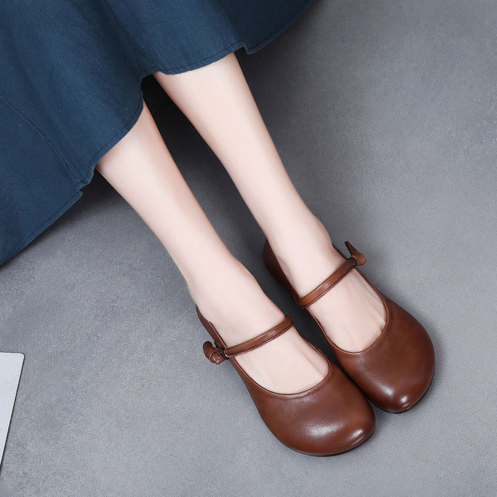 Women's Leather Mary Jane Flats - Vintage Round Toe Slip-On Ballet Flats with Bow Knot Strap Comfort Walking Shoes