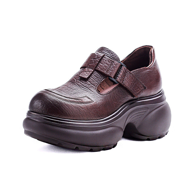 Women's Chunky Loafers - Leather Elevated Flats - Breathable Unlined Design with Velcro Strap