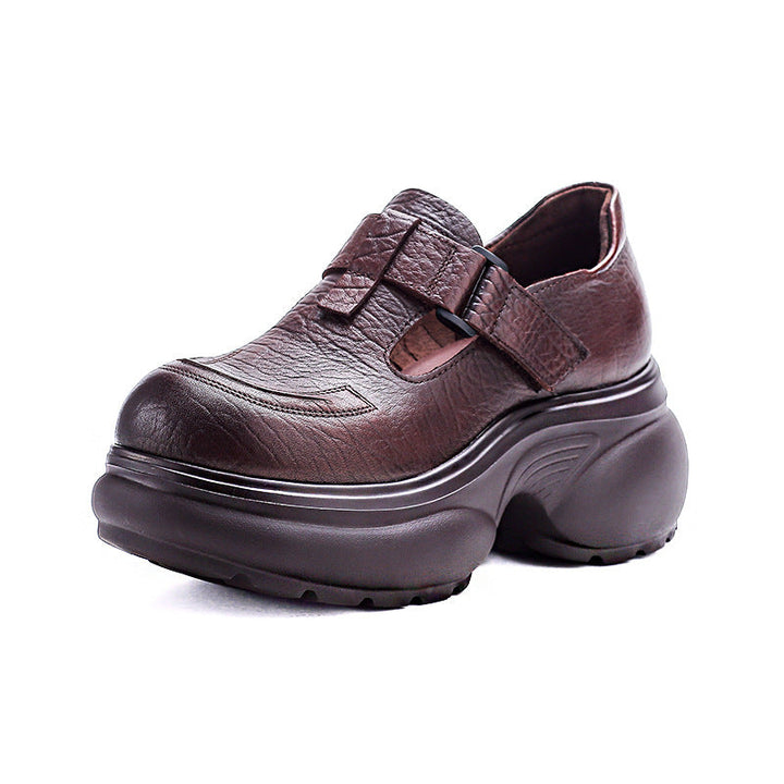 Women's Chunky Loafers - Leather Elevated Flats - Breathable Unlined Design with Velcro Strap