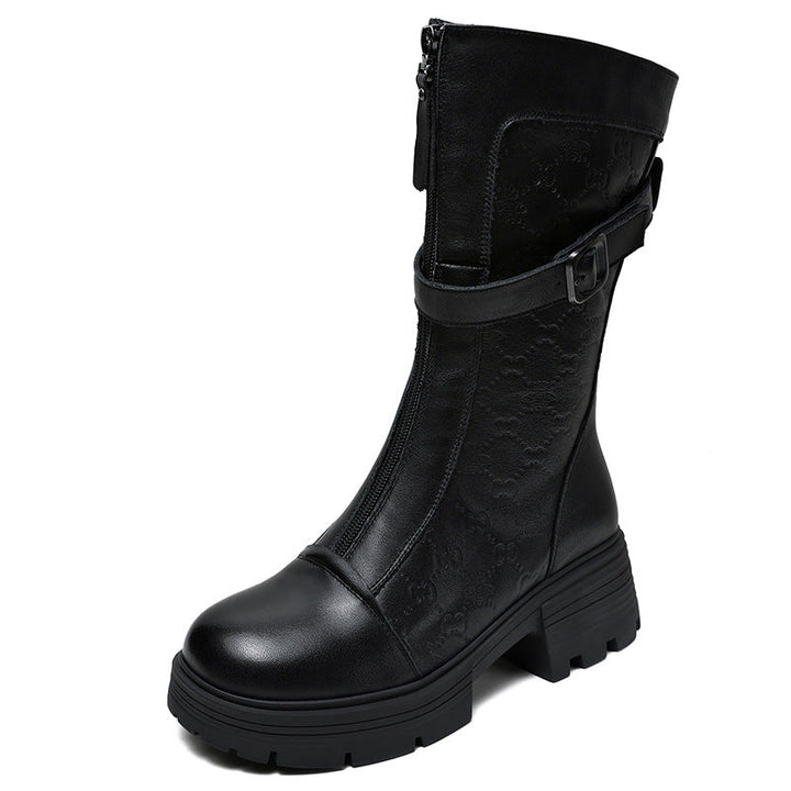Women's Mid-Calf Embossed Genuine Leather Boots – Buckle Detail Chunky Heel Platform