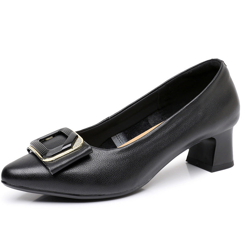 Women's Genuine Leather Pointed Toe Office Pumps Buckle Mid Chunky Heel Slip On Shoes